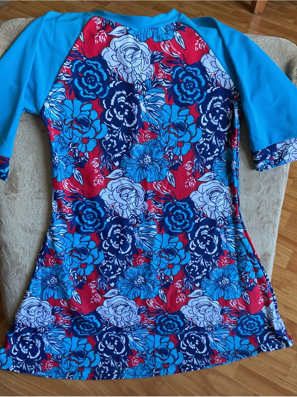 Blue Floral Rash Guard Swim Dress